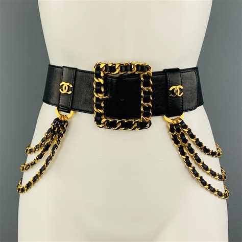 chanel bkack leather belt gold tone metal and glass|Chanel Black Gold Belt .